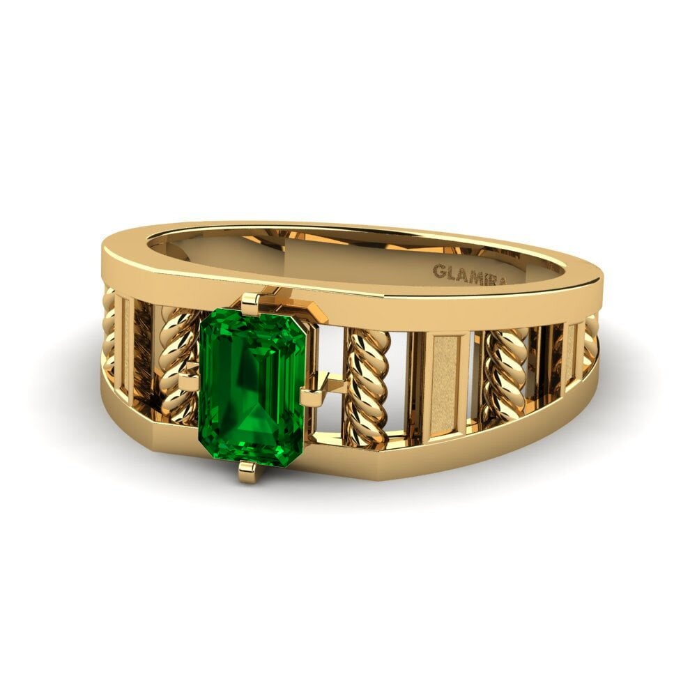 14k Oro Amarillo Circonita Verde Anillo de Hombre Motivo