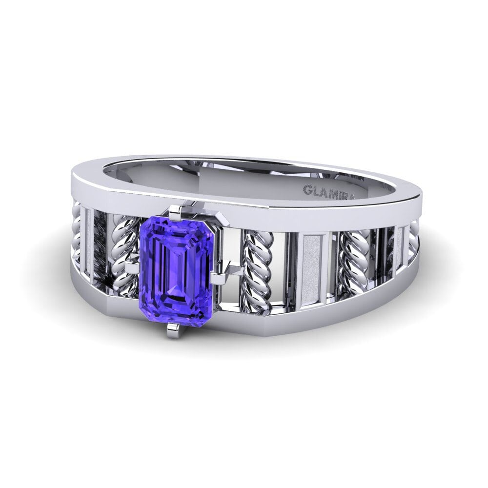 14k Oro Blanco Tanzanita Anillo de Hombre Motivo