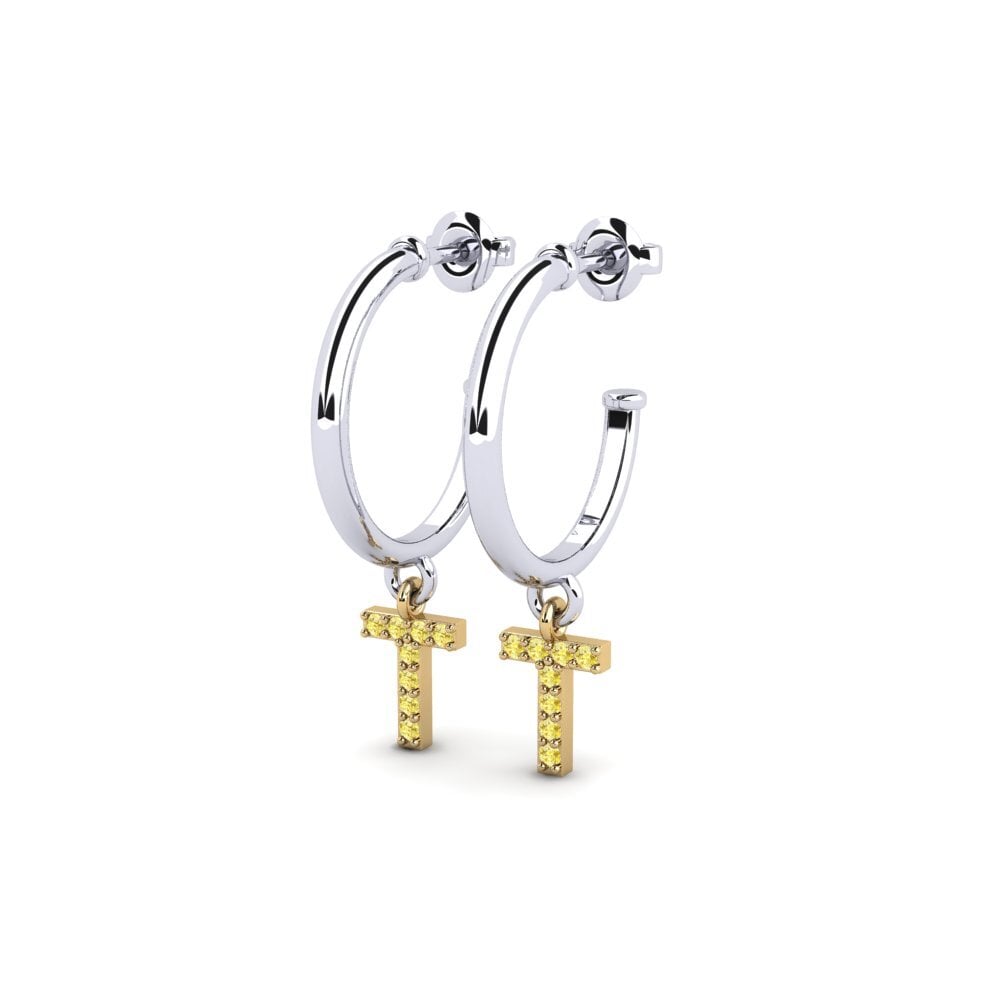18k Oro Blanco & Amarillo Zafiro amarillo Pendiente de mujer Nkwerre - T