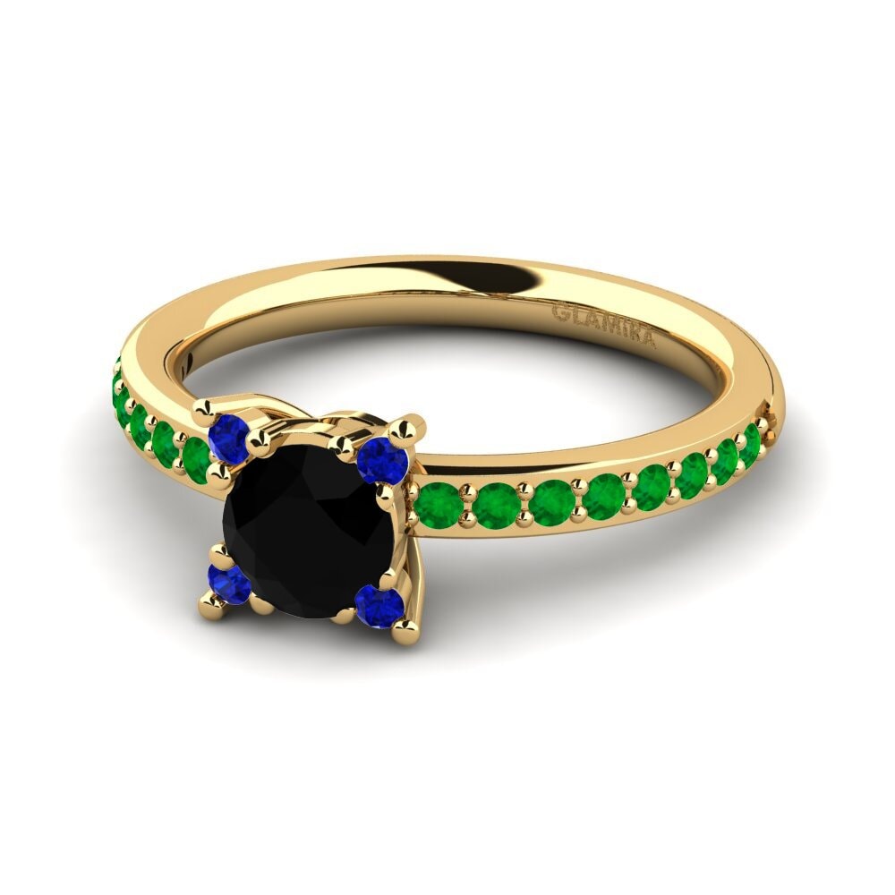 14ct Yellow Gold Black Diamond Engagement Ring Eglontina