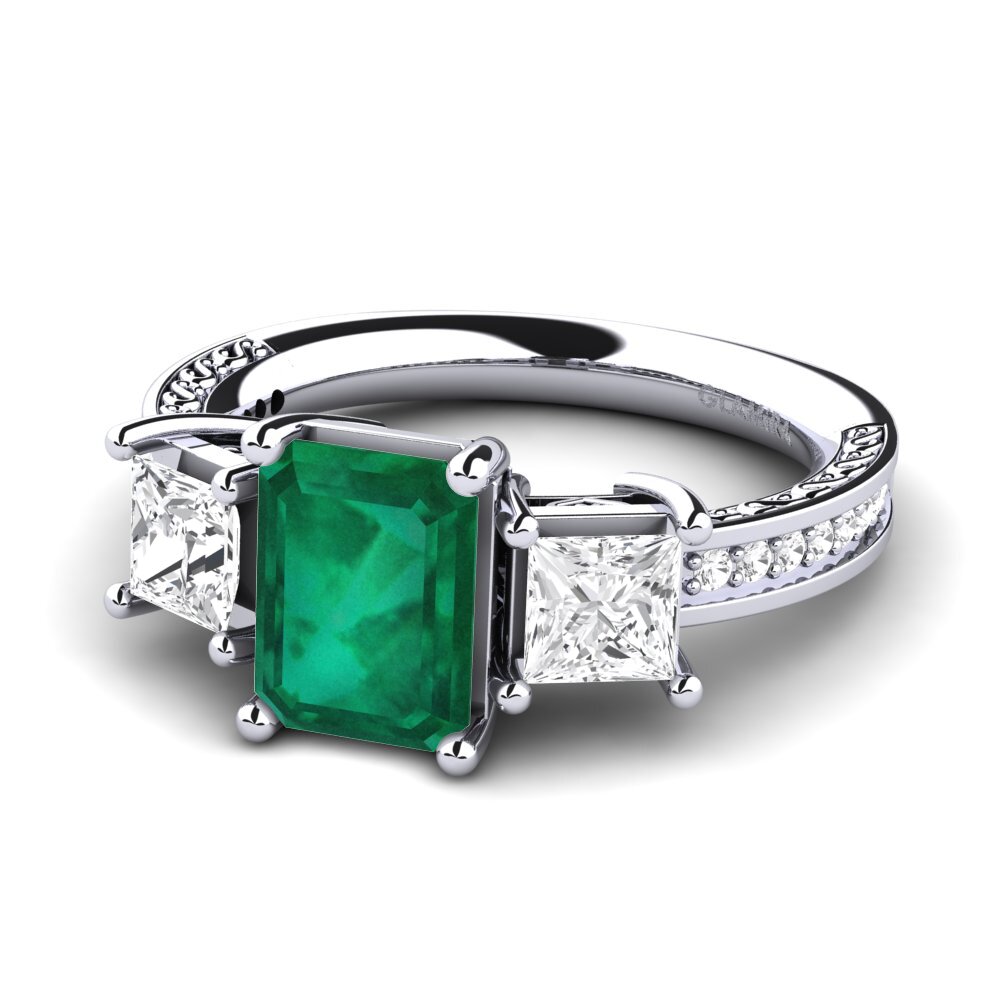White Silver Emerald Engagement Ring Purnima