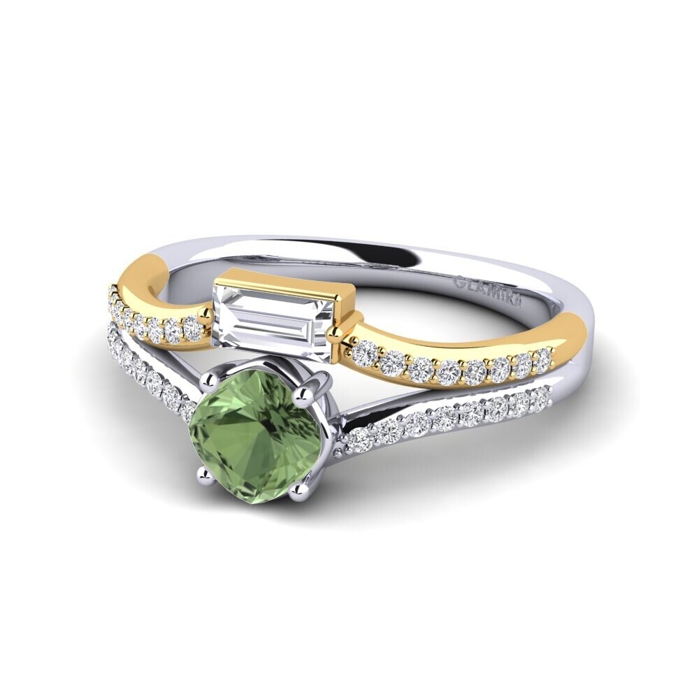 14k Oro Blanco & Amarillo Zafiro Verde Anillo de compromiso Quart