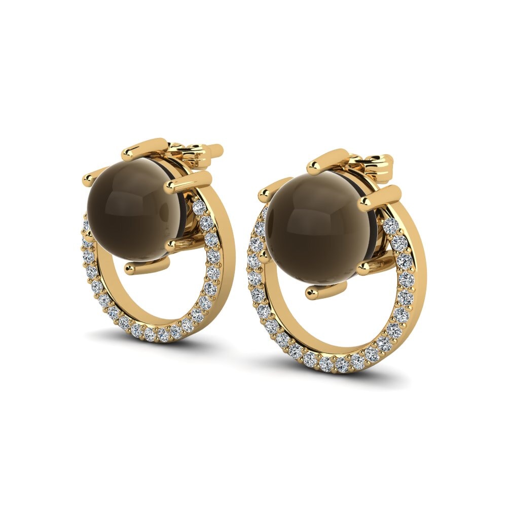14ct Yellow Gold Cabochon Smoky Topaz Women's Earring Reselda