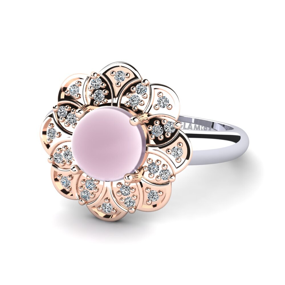 14ct White & Rose Gold Cabochon Rose Quartz Ring Rhodia