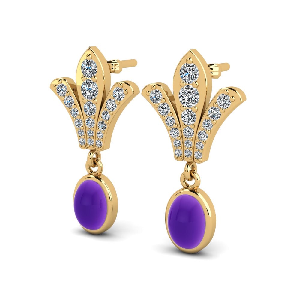 14ct Yellow Gold Cabochon Amethyst Women's Earring Roldania