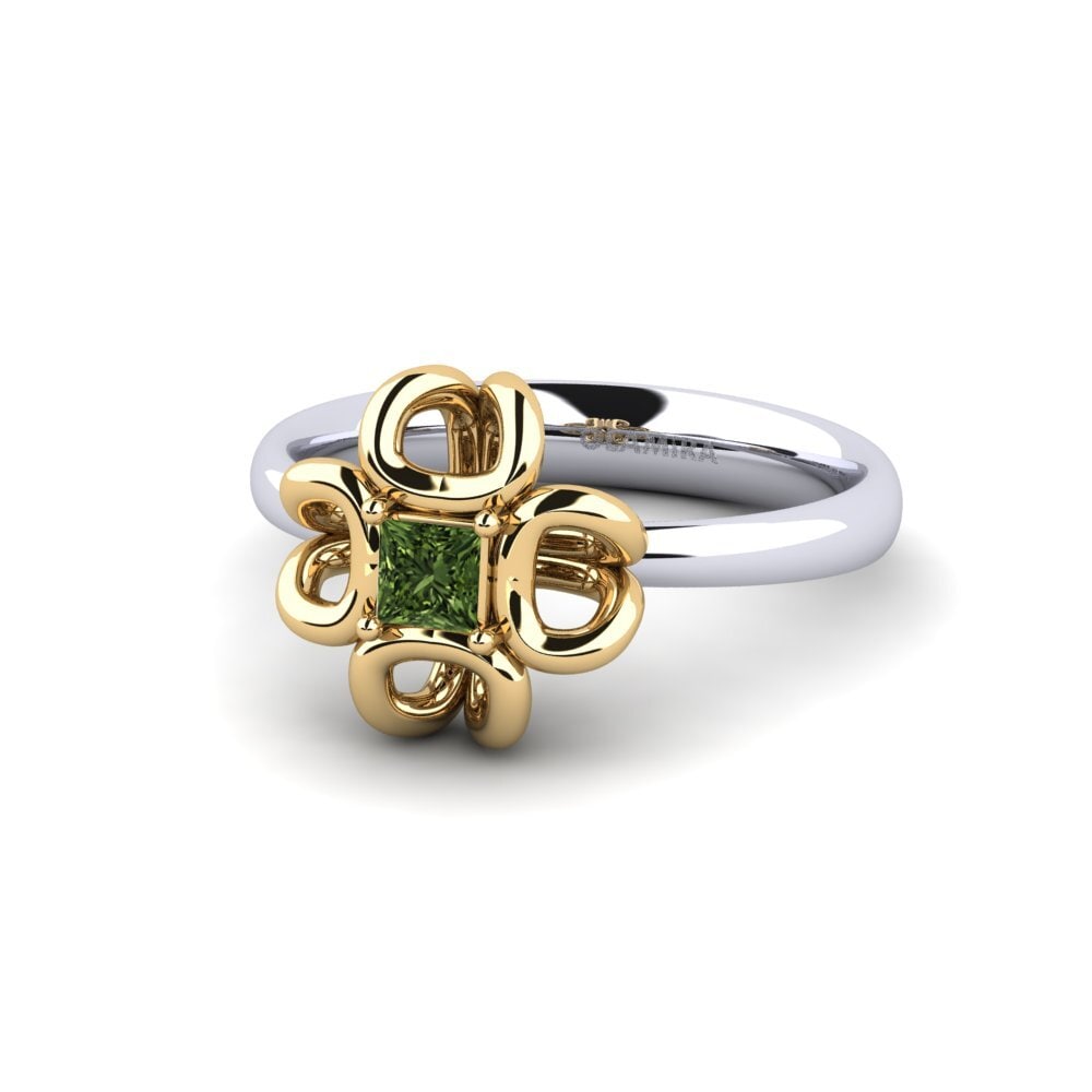 14k Oro Blanco & Amarillo Zafiro Verde Anillo de compromiso Ruraux