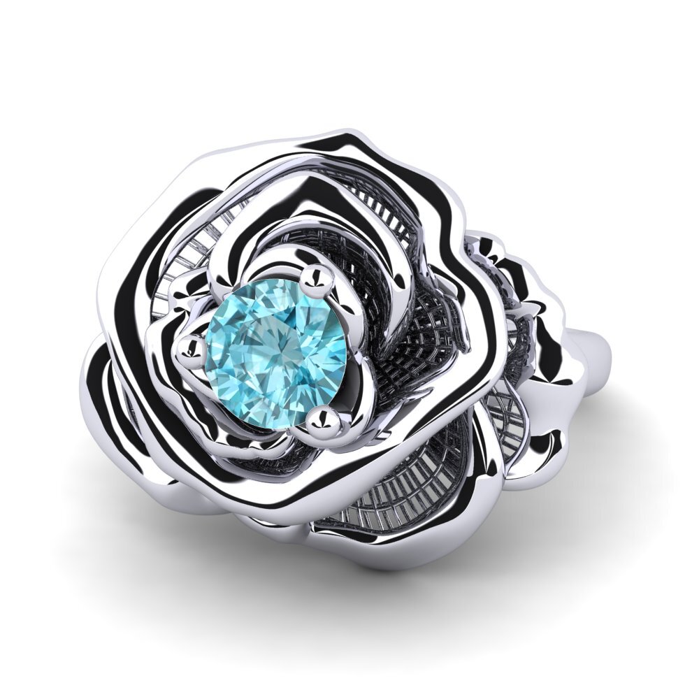 9k Oro Blanco Circón Azul Anillo Temple
