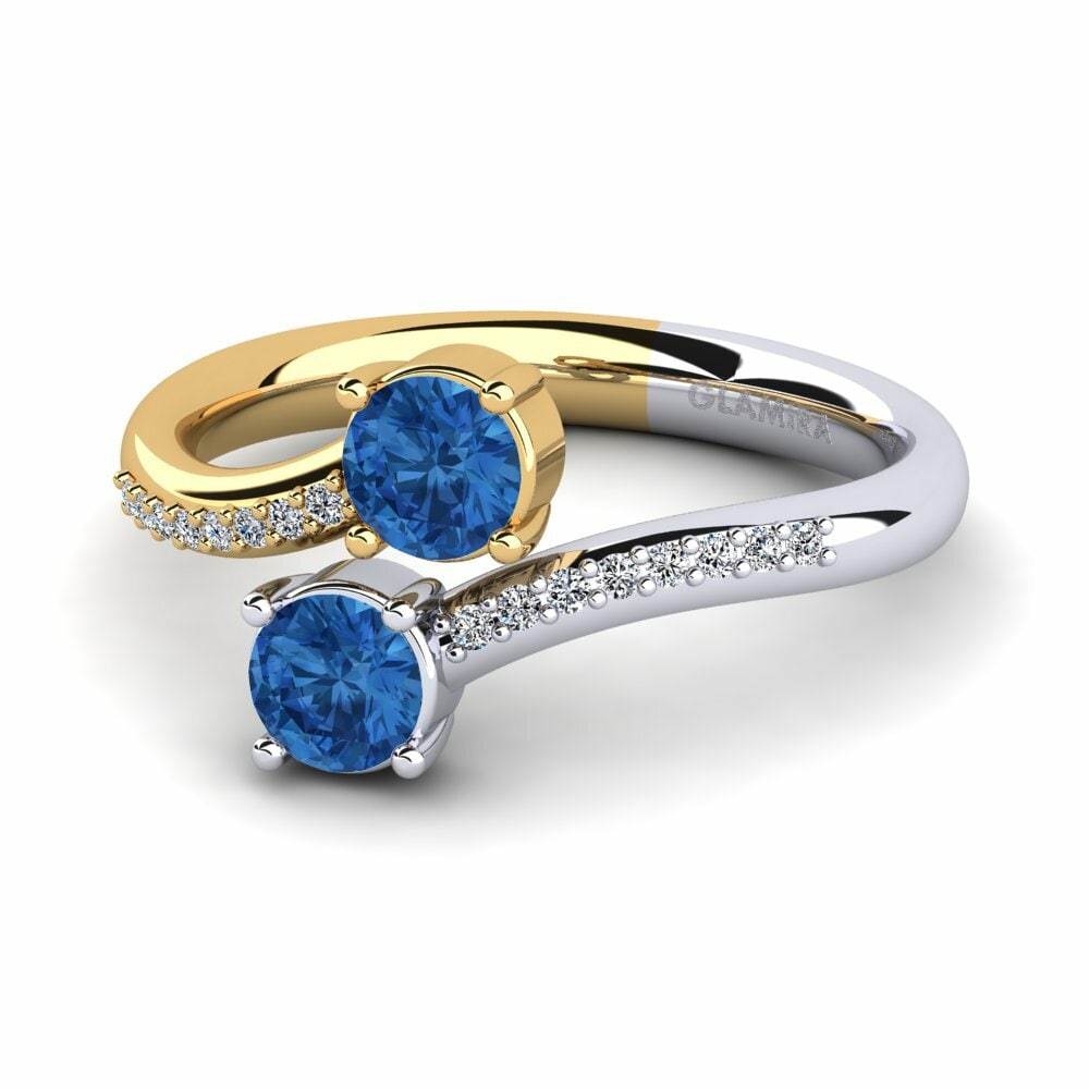 Bagues Or Jaune & Blanc 18k Zircone Bleu Foncé 2 pierres