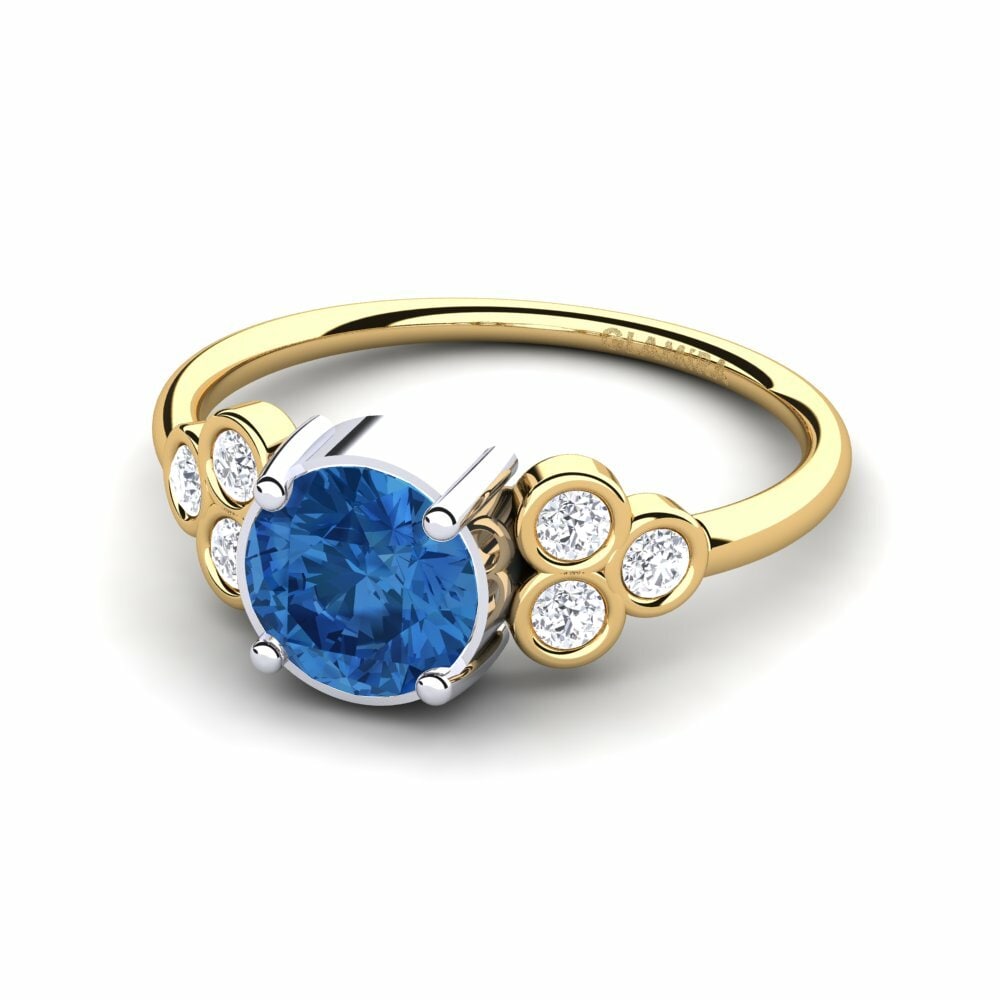Bagues Or Jaune & Blanc 18k Zircone Bleu Foncé Pierres latérales