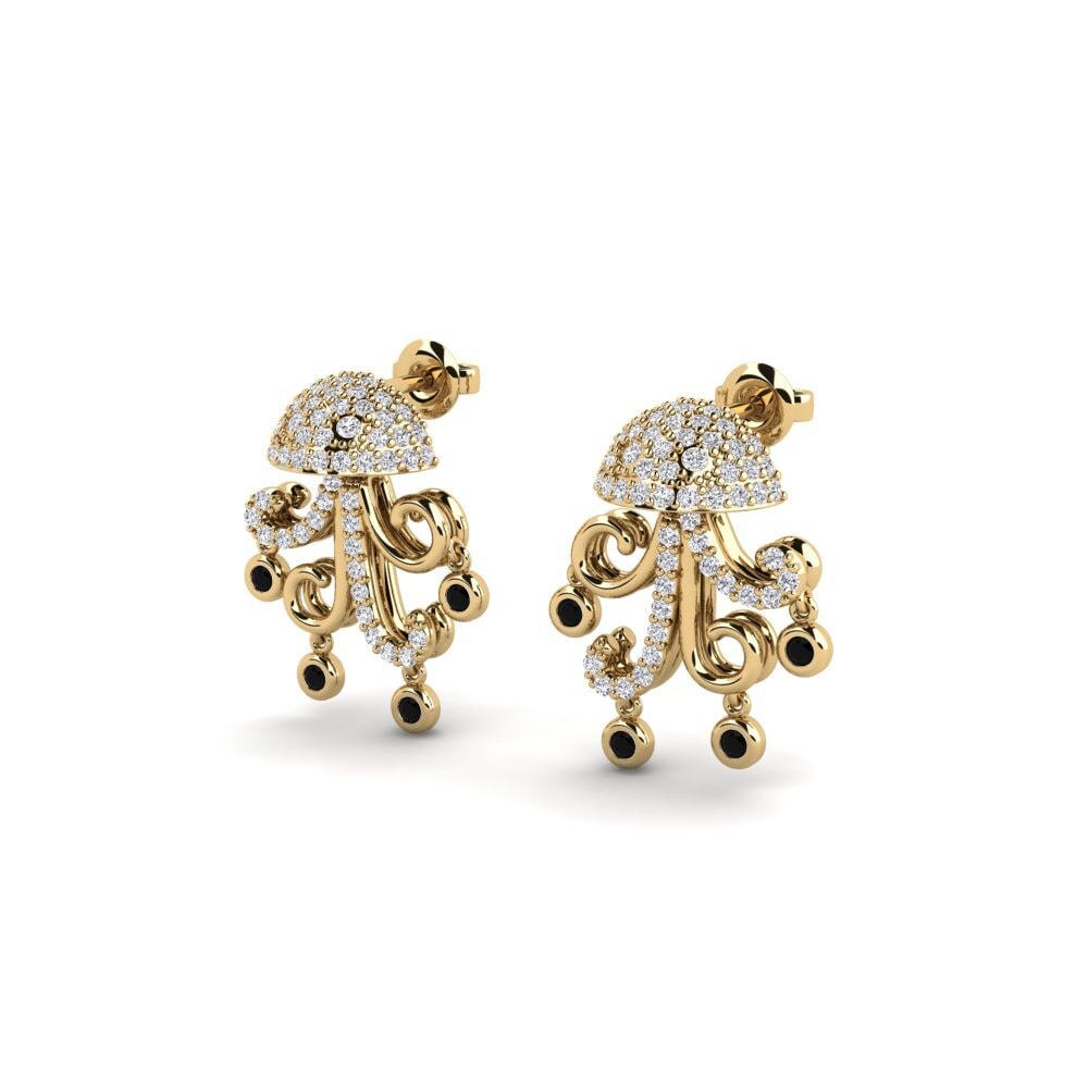 14ct Yellow Gold Round Black Diamond Women's Earring Tiwisita