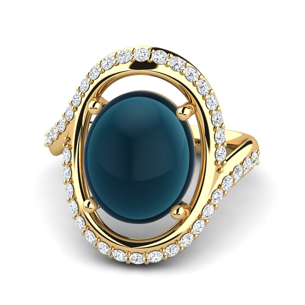 14K Geel Goud Cabochon Blauwe London Topaas Ringen Trante