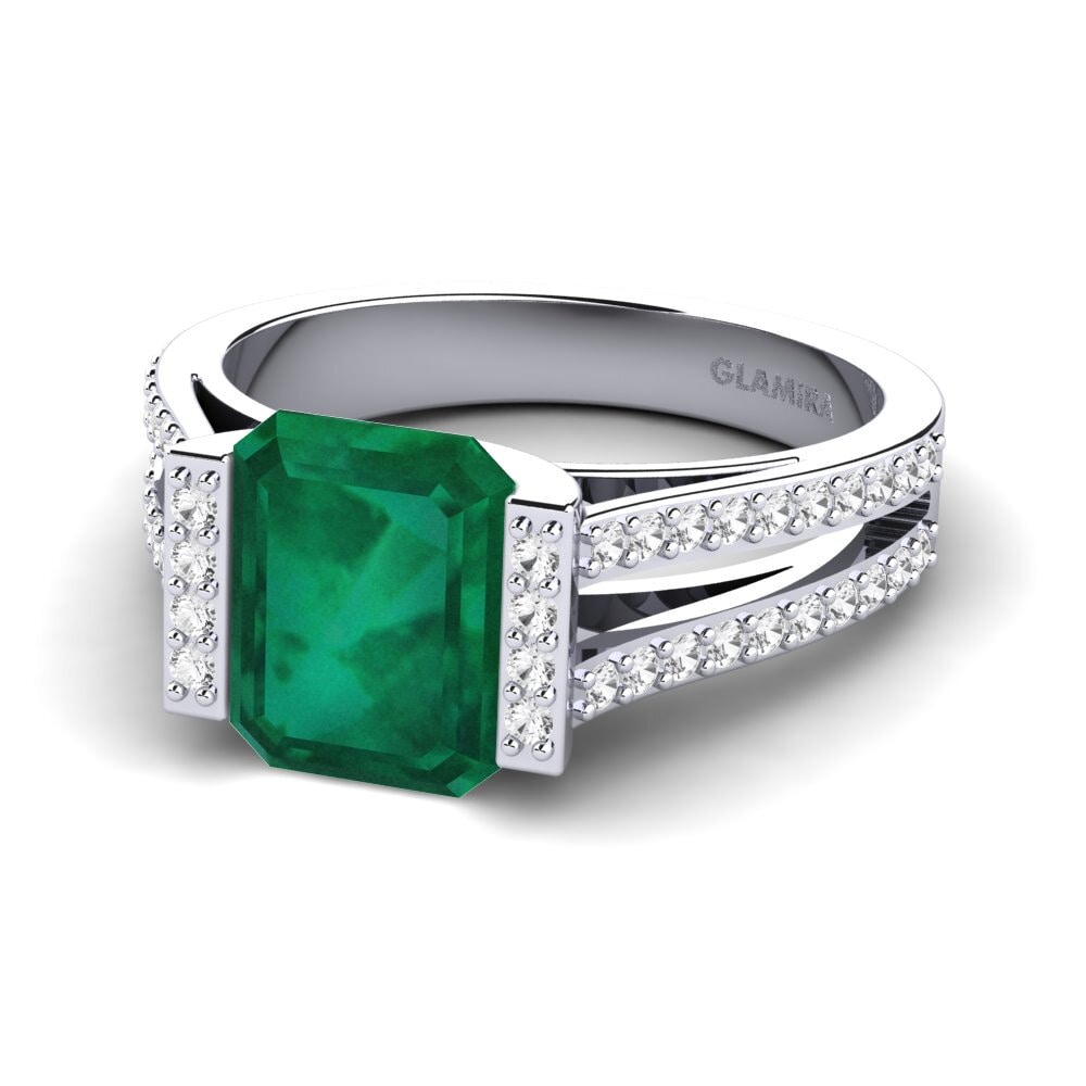 White Silver Emerald Engagement Ring Trinetta