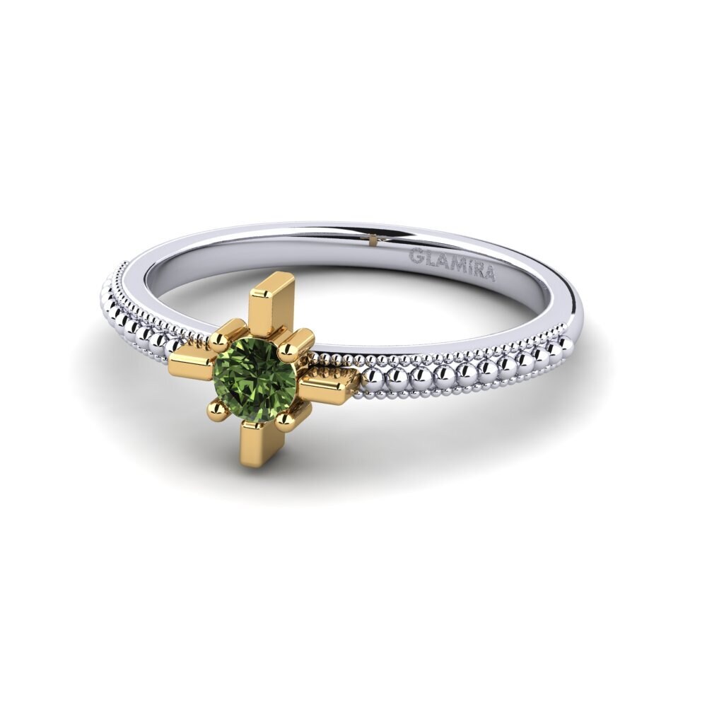14k Oro Blanco & Amarillo Zafiro Verde Anillo de compromiso Tulepa