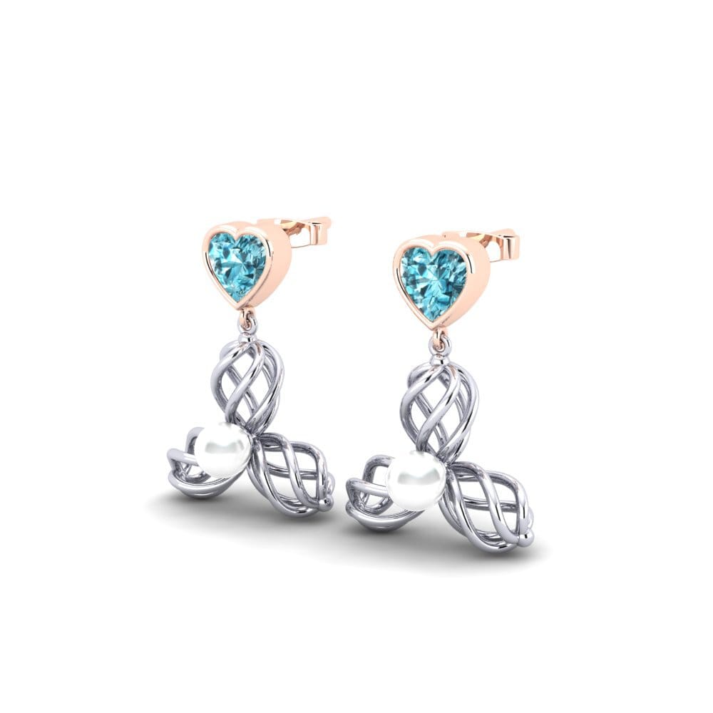 14k Oro Blanco & Rosa Circón Azul Pendiente de mujer Vendable