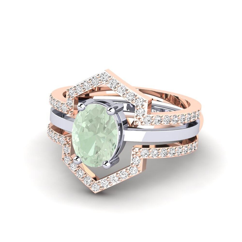 14ct Rose & White Gold Green Amethyst Ring Wear - SET