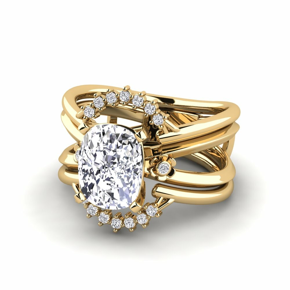 Cushion 2.8 Carat Enhancer Diamond 14k Yellow Gold Ring Yablexa - SET