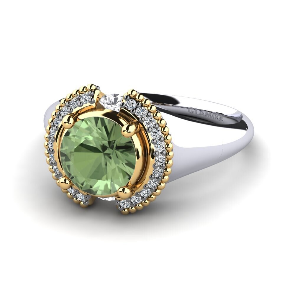 14k Oro Blanco & Amarillo Zafiro Verde Anillo de compromiso Yuki